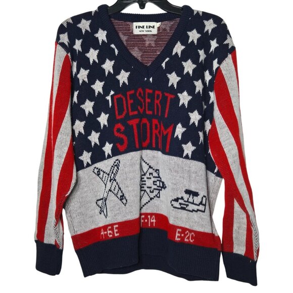 Vintage Fine Line Desert Storm Stars Stripes Patriotic Sweater Large War USA